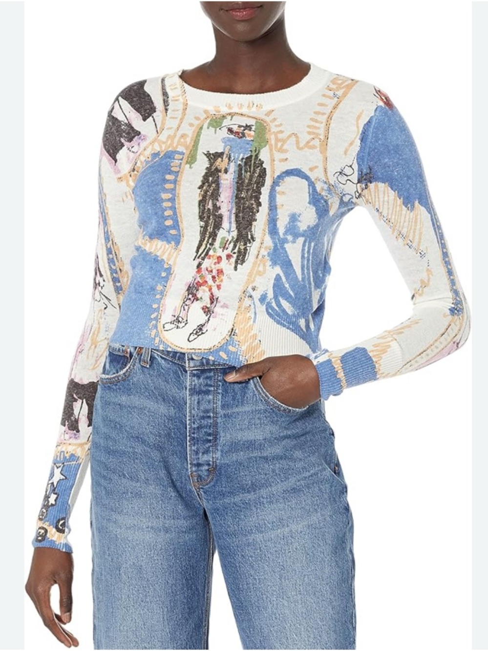 Desigual Cream Knit Sweater with Multicolor Painterly Motif
